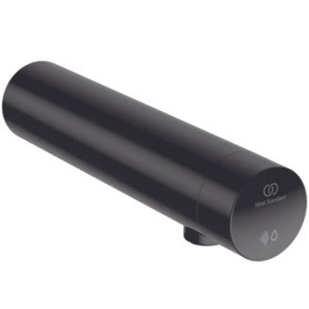 Sensorarmatur in Schwarz von Ideal Standard, mit runder Kappe und seitlichem Wasseranschluss, für Wandmontage konzipiert.